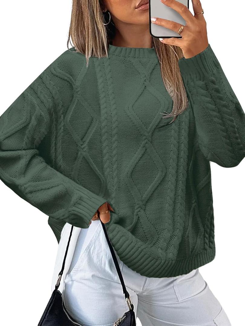 MixShe Women's Oversized Crewneck Cable Knit Sweaters Fall Fashion 2025, Dark Sage,Large