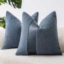 18"x18" Denim Blue Boucle Throw Pillow Covers with Faux Leather Accents Set of 2 Fluffy Textured Decorative Pillow Cases for Couch Bed Boho Farmhouse Square Cushion Covers for Nordic Home