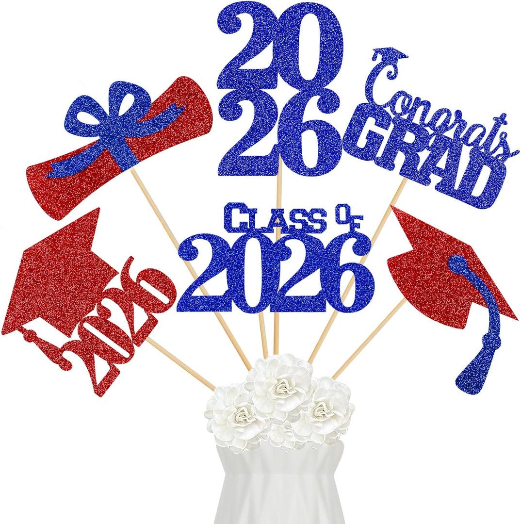 8 x 24Pcs 2026 Graduation Centerpieces Sticks Red and Blue, Class of 2026 Graduation Party Centerpieces for Tables 2026 Red and Blue 2026 Table Centerpieces Decorations