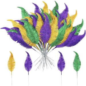 Cindeer 48 Pcs Mardi Gras Glitter Leaves Feather 13.4'' Faux Sparkly Feather Leaves Mardi Gras Party Decoration Plant Decor Twig Wreath Garland Mardi Gras Pick for Craft Sprays Artificial Leaves Gift