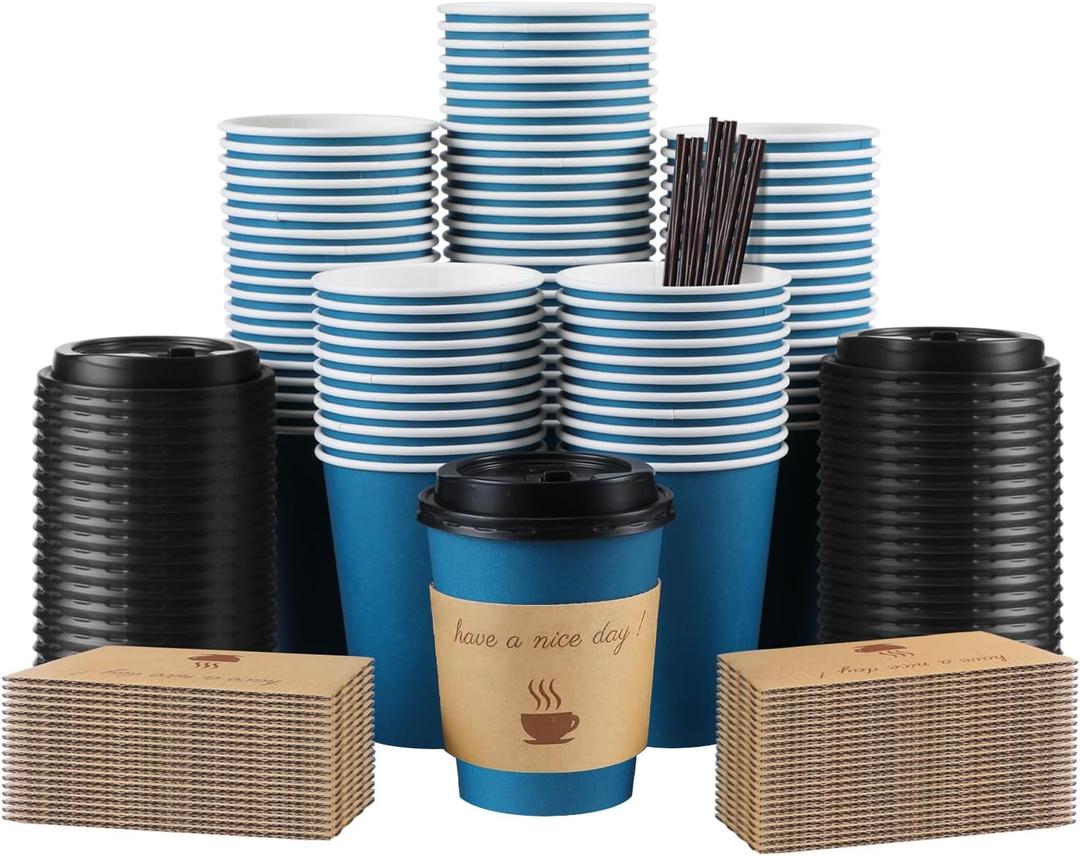100 Pack 10 oz Coffee Cups with Lids, Disposable To Go Paper Coffee Cups with Sleeves and Stirring Sticks for Hot/Cold Drinks Office Home Shop Event (Navy)