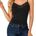 LYANER Women's Lace Trim V Neck Camisole Adjustable Strap Undershirt Tank Stretch Fitted Cami Top (Black, XL)