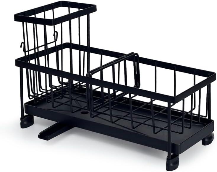 Kitchen Sponge Holder with Brush Holder Sink Caddy Organizer for Sink Kitchen Countertop Organizers and Storage Essentials Black (One Size)