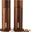 Wooden Salt and Pepper Grinder Set 8 Inch Manual Salt and Pepper Mill with Tray Adjustable Coarseness Refillable Wood Grinders with Gold Bottle Label for Kitchen Christmas Home Gift(Wood Color)