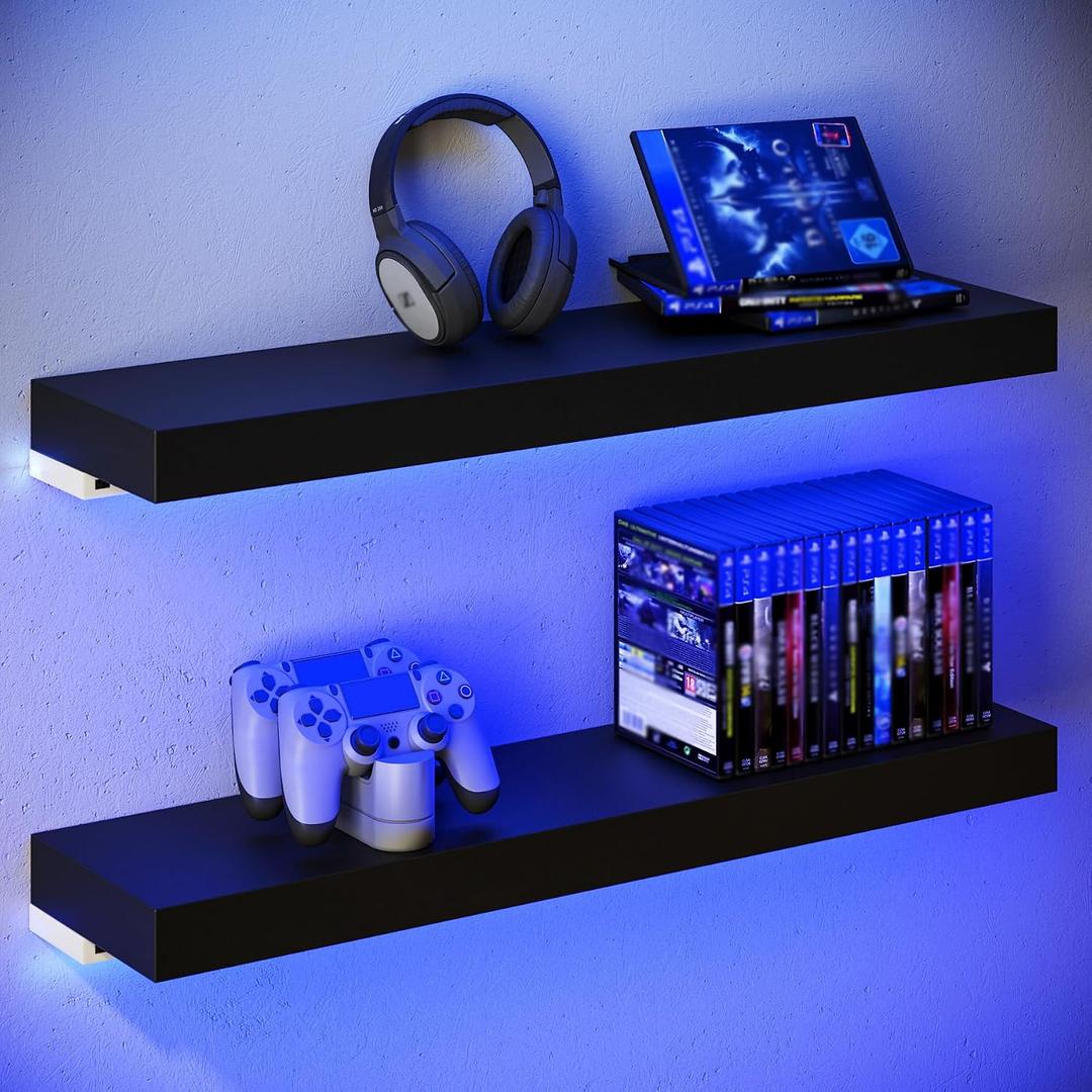 BAMEOS Floating Shelves with LED for Wall, Sturdy Shelves with RGB Light, Wall Mounted Display Shelves, Set of 2, Hanging Shelf for Bathroom, Bedroom, Kitchen, Living Room Storage, Black, 24 X 6
