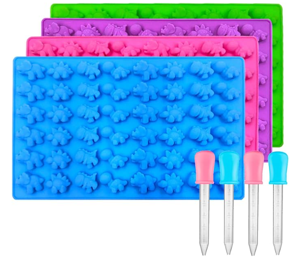 Palksky Mini Dinosaur Silicone Candy molds/Dragon Gummy Bear Mold, Non-Stick Gummie Chocolate Gelatin Tray (4-Pack+4 Droppers) Creates 192 Sweet Snacks Triceratops T-Rex Stegosaurus Brontosaurus