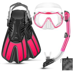 Snorkeling Gear for Adults, 4 in 1 Travel Size Mask Fins Snorkel Set with Panoramic View Anti Fog Mask, Dry Top Snorkel, Trek Fins and Travel Bag, Snorkel Gear for Swimming Diving Snorkeling (Pink/Transparent)