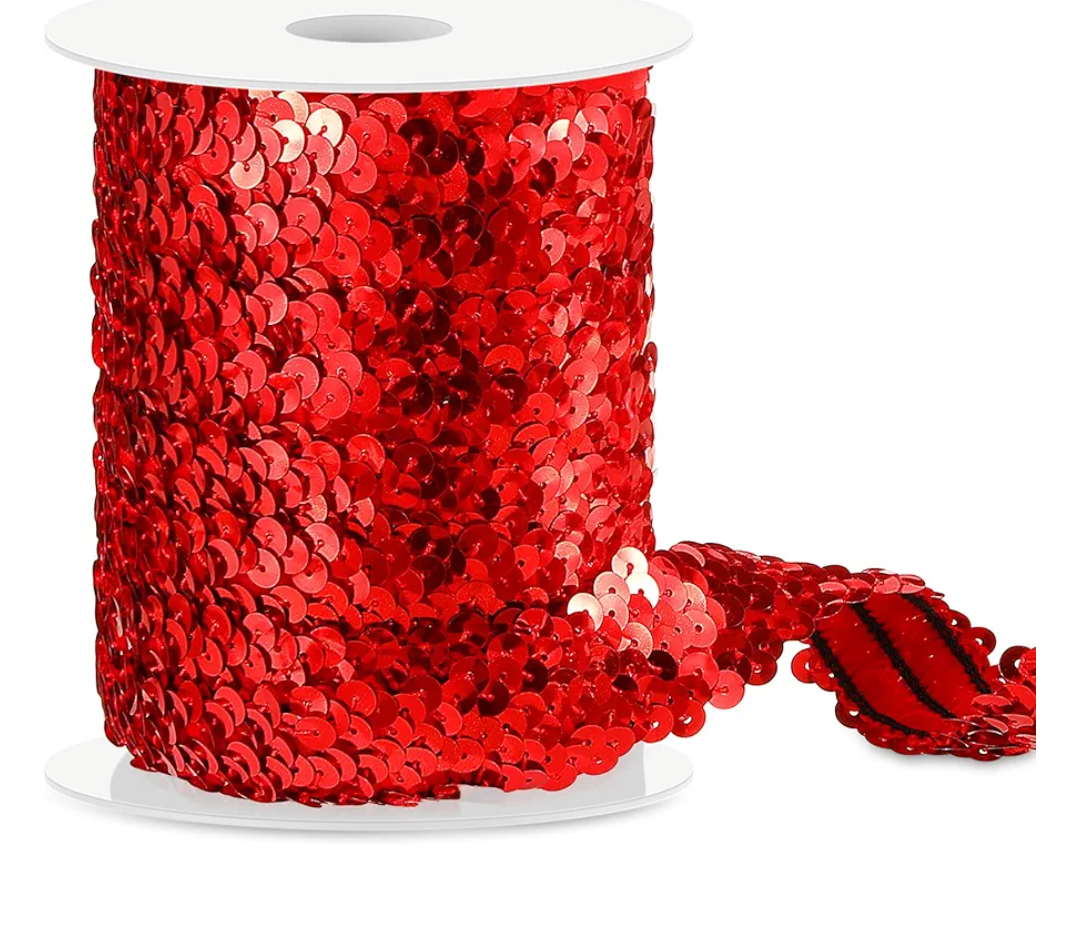 Chuangdi 11 Yard 1 Inch Elastic Sequins Trim 3 Row Flat Glitter Sequin Bling Fabric Paillette Ribbon Trim Metallic Stretch Crafts Elastic Lace for Dress Embellish(Red)