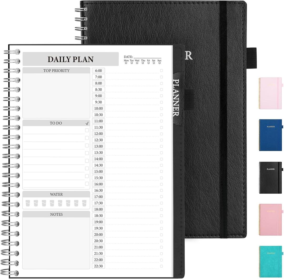 Durable Daily Planner Undated, A5 (5.8"x8.3"), Improved PU Leather To Do List Notebook With Hourly Schedule, Forvencer Luxurious Spiral Work Planner Organizer Notebook for Men and Women, 160 Pages,