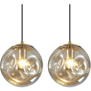 Modern Amber Concave Glass Pendant Light, 2-Pack Kitchen Island Lighting Single Globe Pendant Light Fixtures Century Kitchen Island Pendant Light for Bedroom Dining Room Light (Without Bulbs)
