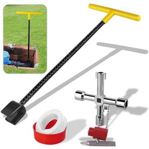 FANOVO 17 Inch Water Meter Key Shut Off Tool with 4-way Multi-Functional Utilities Key, Steel T-Handle Water Meter Wrench for Curb Main and Water Meters, Underground Stop or Waste Valves