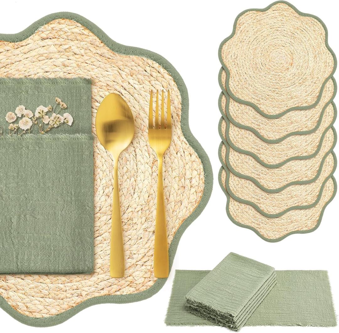 6 Sets Sage Green Table Decor Boho Placemats with Linen Napkins, 14.6" x 14.6"