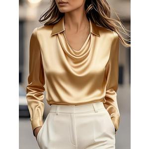 Women Stylish Solid Color Satin Shirt with a V-Neck Design, Loose Fit and Long Sleeves, for Casual and Formal Occasions (Golden, X-Large)