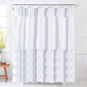 White Ruffle Farmhouse Shower Curtain, Cute Vintage Shabby Chic Fashion Textured Fabric Cloth Bathroom Curtain 72x72 Inch