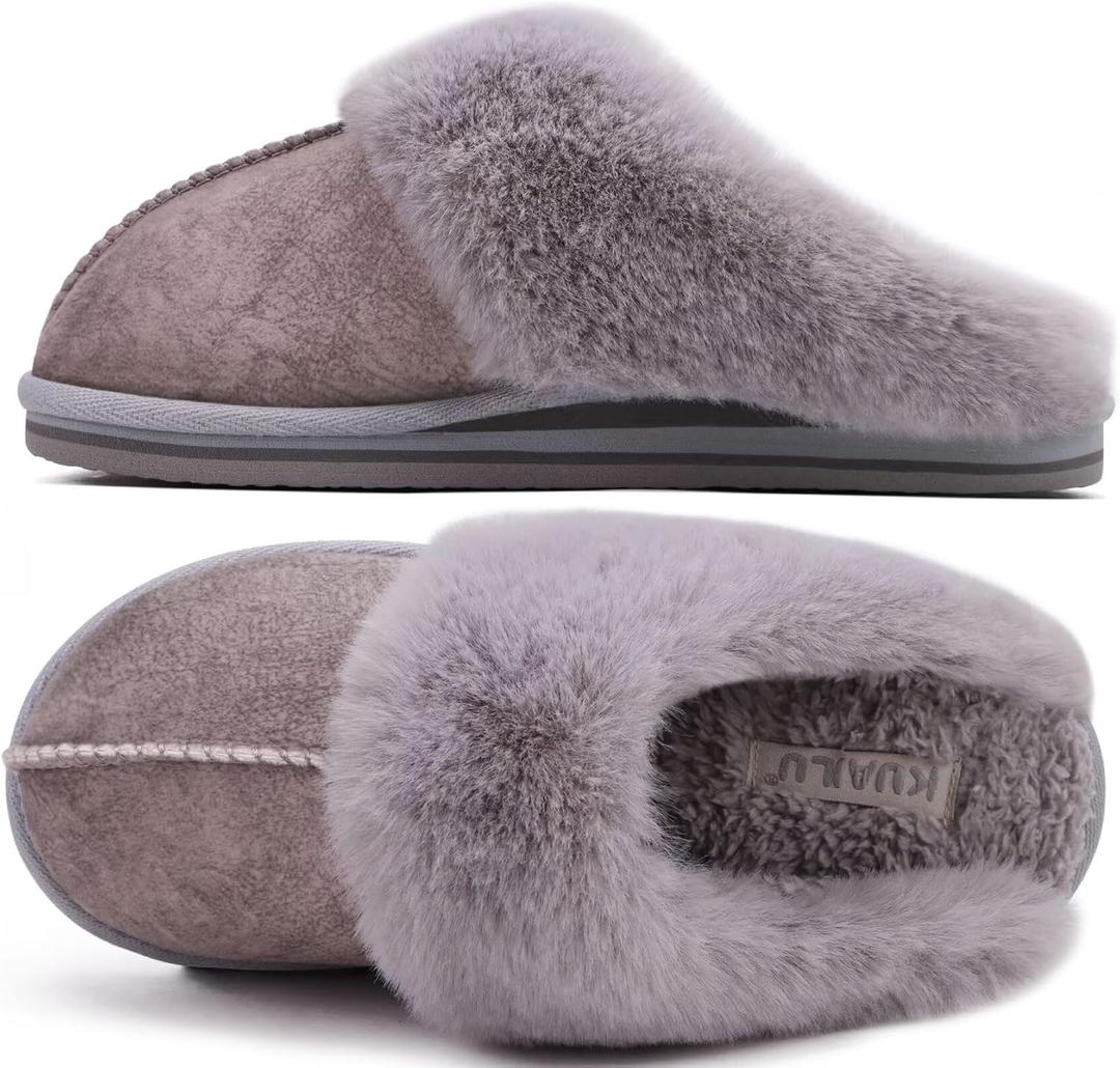 KuaiLu Women's Fluff Dual Memory Foam Slippers Ladies Cozy Arch Support Warm Scuff Slippers Slip on Comfy Winter House Shoes with Non-Slip Indoor Outdoor Hard Sole (10, Grey)