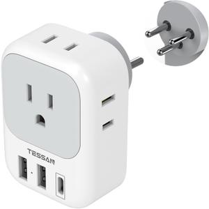 TESSAN Israel Power Adapter, US to Israel Plug Adapter with 4 American Outlets 3 USB Charger (1 USB C Port), Type H Travel Adaptor for USA to Jerusalem