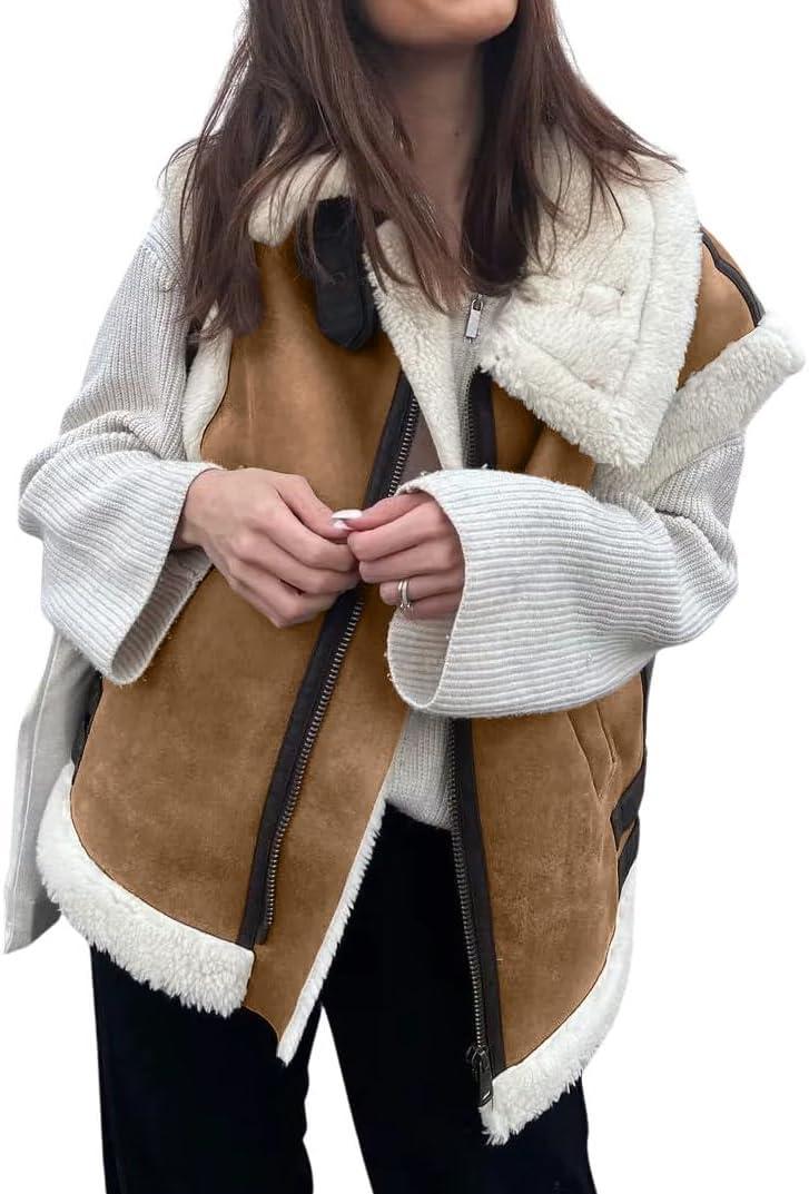 loveimgs Women's Winter Warm Suede Sherpa Leather Vest Jacket Zip Up Sleeveless Lambwool Fur Coat with Pockets, Medium, Brown