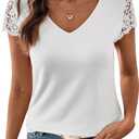 SHEWIN Womens Lace Tops Casual V Neck Short Sleeve Shirts Loose Tunic Top 2026 (Medium, White)