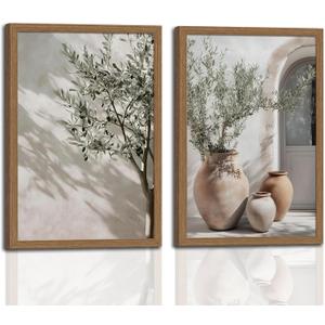 Mediterranean Wall Art Set of 2 with Wooden Frame Olive Tree and Pottery Prints, Neutral Botanical Mediterranean Painting, Framed Picture Wall Decor 16x24 Inch