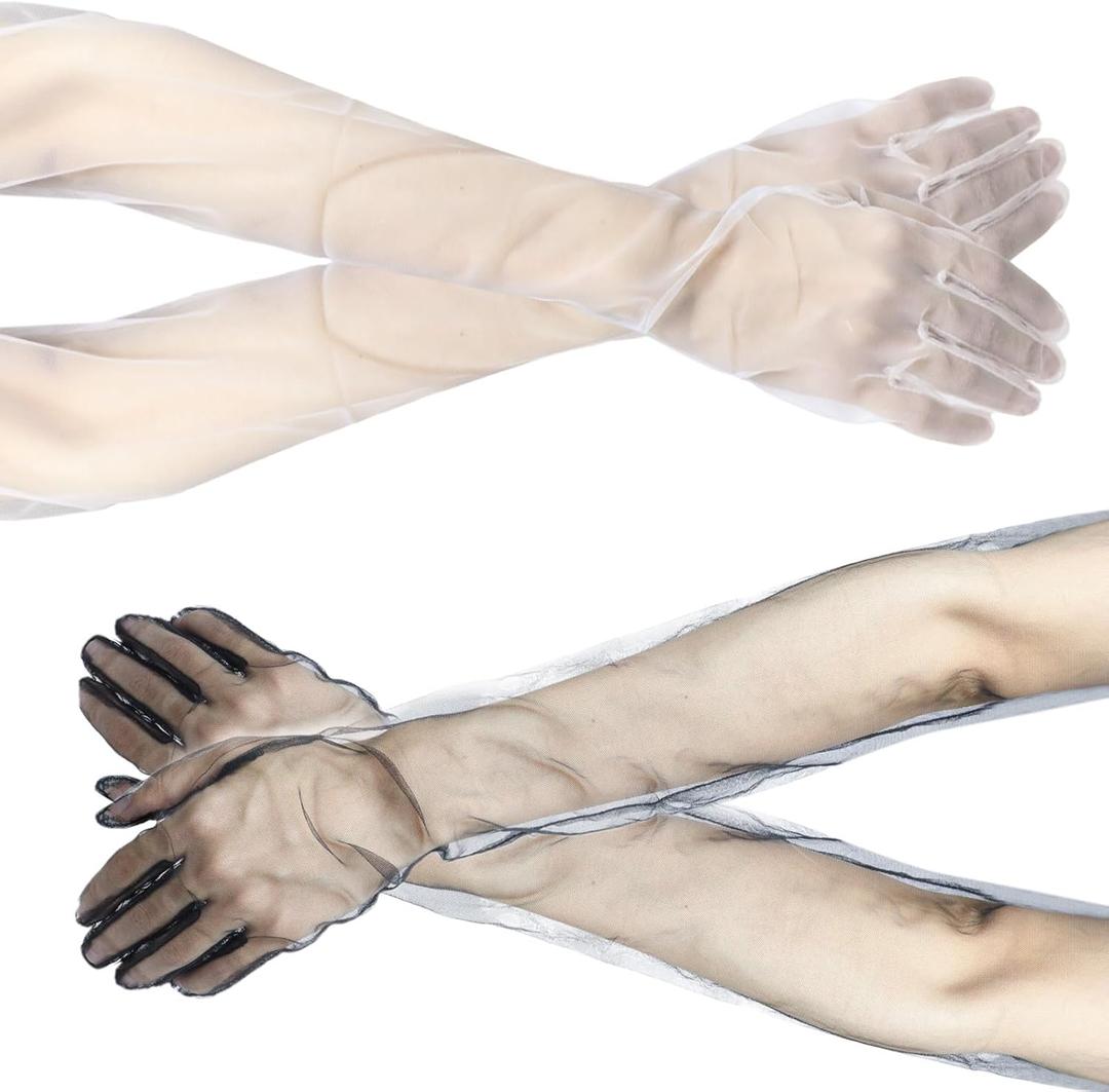 Women's Sexy Sheer Gloves Mesh Tulle Super Long Gloves Finger Glove Opera Christmas Costume Party Dance Glove 2 Pairs (Black, White) (Blue)