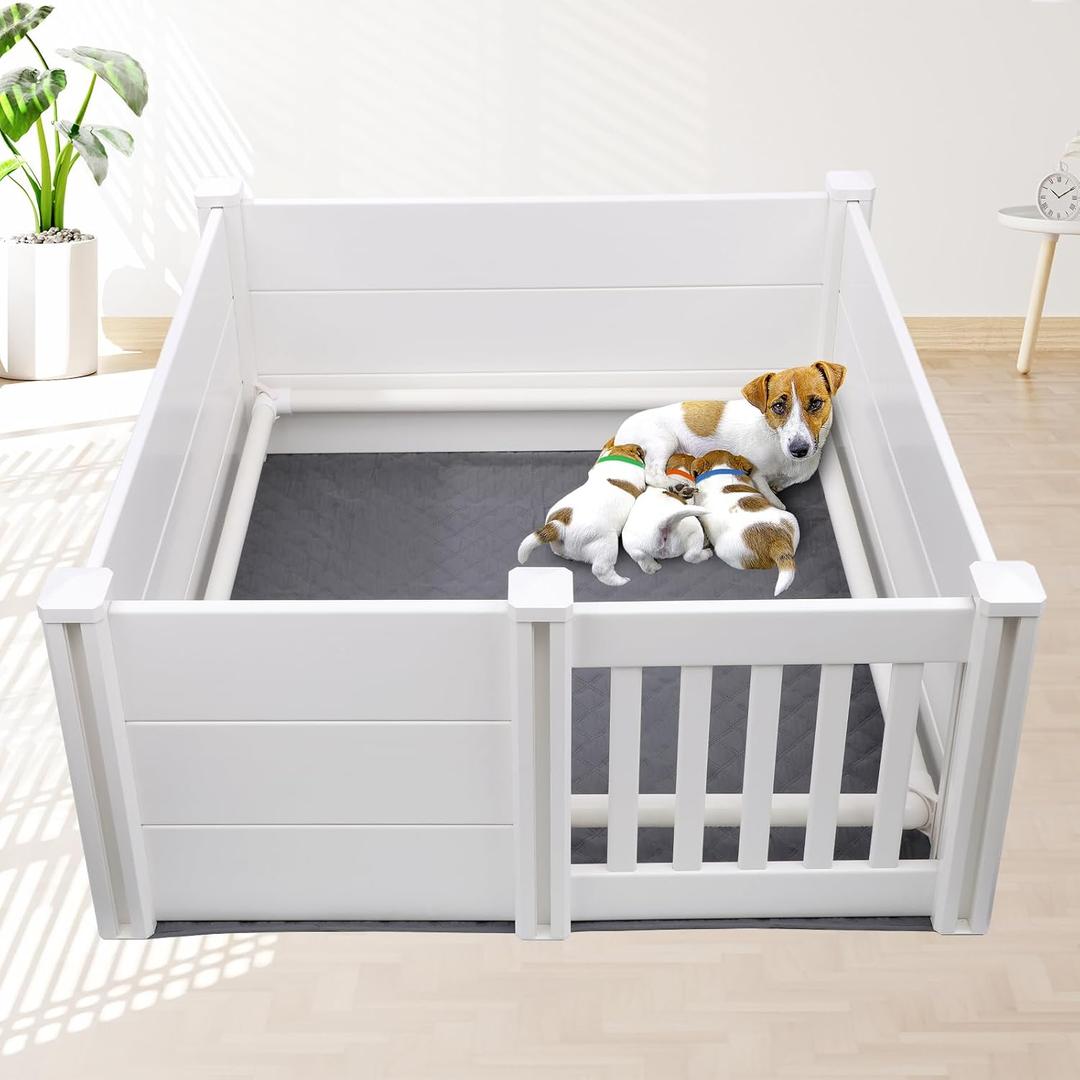 Whelping Box for Dogs and Puppies with Pig Rails and Waterproof Pad, 383818 in Whelping Supplies with Adjustable Height Door for Medium Small Dogs