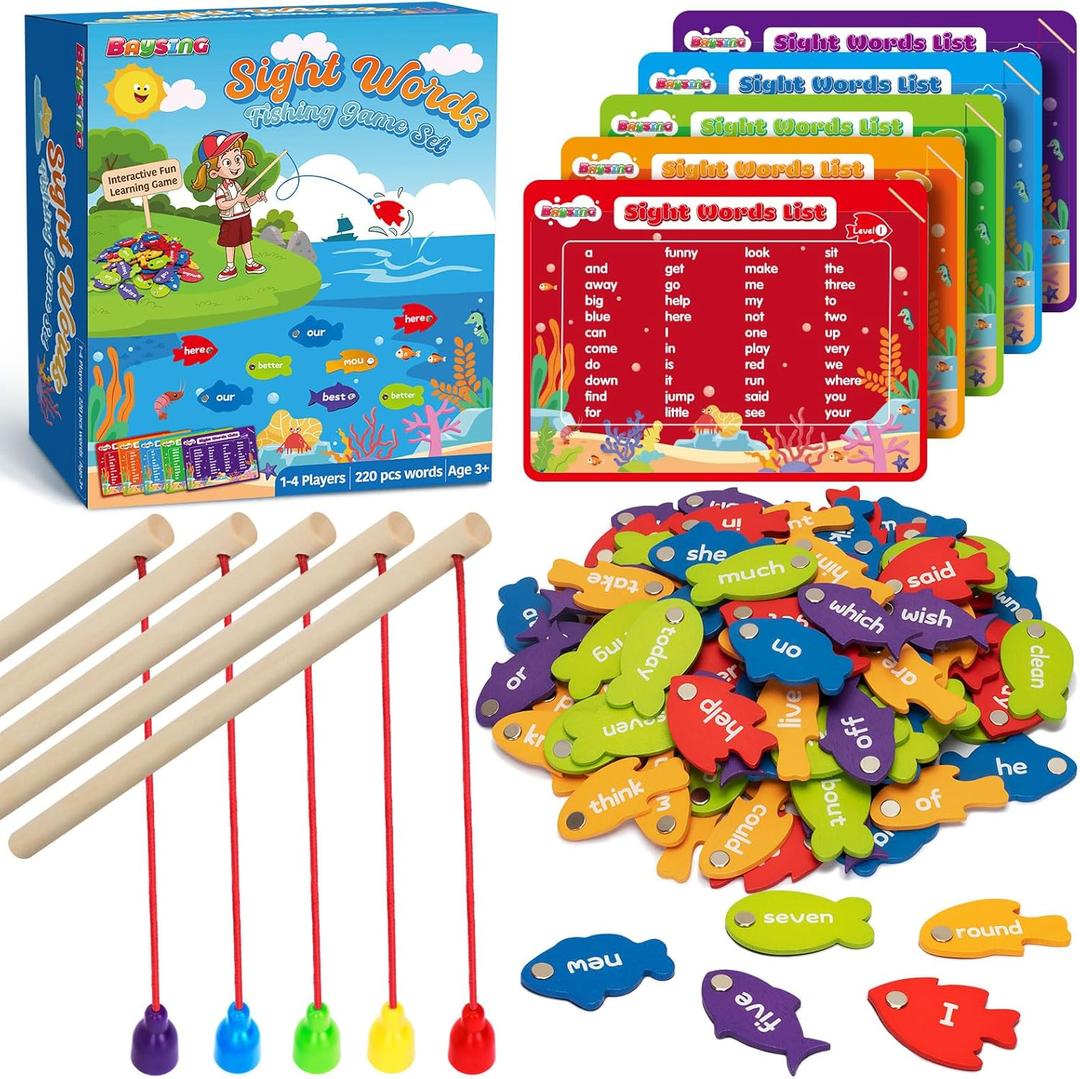 BAYSING Wooden Magnetic Sight Word Fishing Game for Toddlers, Alphabet Fish Catching Games Puzzle with Letters, Homeschool Sight Word Educational Toy for Age of 3,4,5,6 Year Old Kids, Boys & Girls