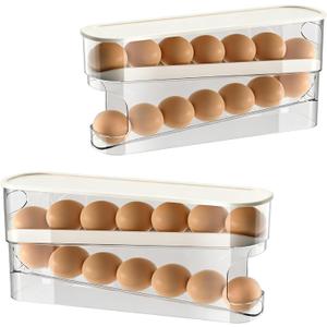 2pcs Auto Rolling Egg Holder for Fridge, Egg Dispenser/Organizer/Storage/Container with Lid for Refrigerator, Sturdy and Durable Space-Saving Egg Tray for 12 Large Eggs