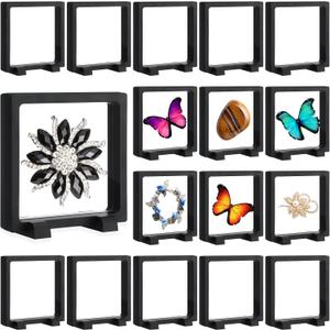 Harloon 12 Pcs 3D Floating Display Case Floating Frame Display Holder Stand Challenge Coin Jewelry Frame Box for AA Medallions Fossil Rock Gemstones Specimen(Black,4.3 x 4.3 x 0.8 Inch,Square Base)