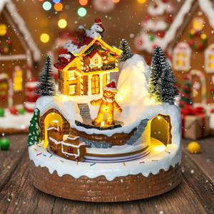 MXwcy Animated Gingerbread House Christmas Village  Lighted Musical Figurine with Moving Train, Holiday Collectible Statue, Tabletop Decor