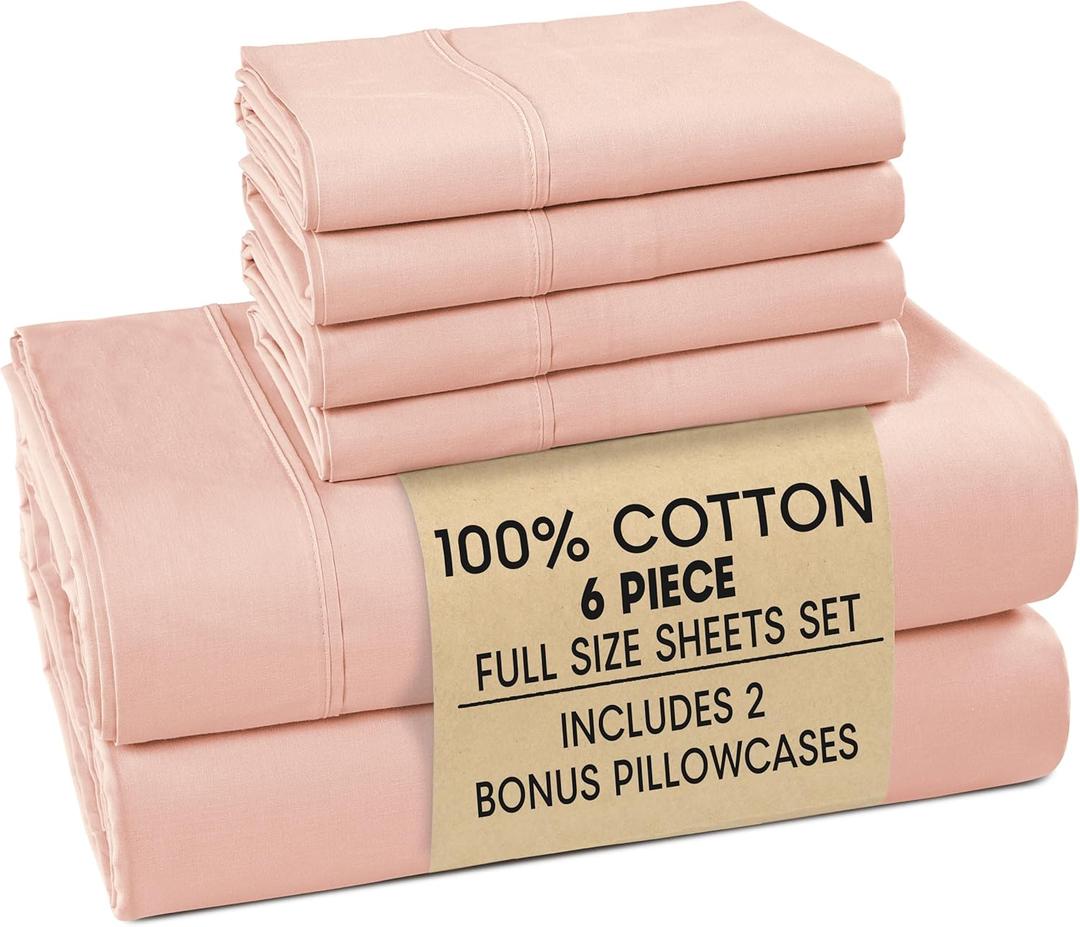 Casa Platino 100% Cotton Full Size Sheets Set  6 Piece Crisp Percale Full Size Cooling Sheets, Lightweight for Summer, with 15" Deep Pocket Fitted Sheet Nightly Comfort & Airy Sleep  Veiled Rose