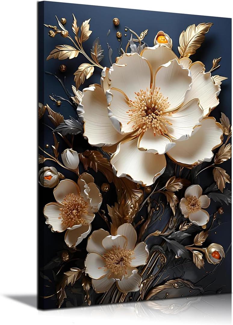 3D Abstract Flower Canvas Wall Art White Floral Texture Poster Prints Serene Blossoms Wall decor pictures for Bedroom and Bathroom Home Decorations Framed (12inx16in Canvas)