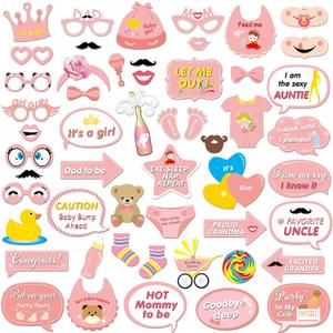 It's a Girl Photo Booth Prop (53Count), Konsait Baby Shower Pink Lovely Baby Bottle Masks Photobooth Props with Sticks for Baby Shower Accessories Newborn Girl Gift Party Favor Supplies Ideas