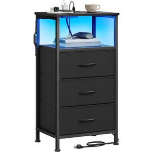 SONGMICS BELLAH Collection - Nightstand with Charging Station and App-Controlled Adjustable LED Lights, Bed Side Table, 3 Drawer and 1 Open Shelf, Bedroom, Ink Black and Ebony Black ULGS303BH01S
