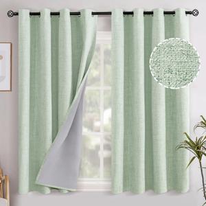 YoungsTex Sage Green Linen Blackout Curtains 45 Inch Length for Kitchen Window, Short Drapes with Grommet Thermal Insulated for Bedroom, 52 X 45 Inch, 2 Panels