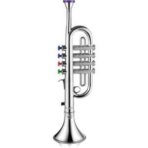 Lewtemi Silver Trumpet Musical Instruments Toy for Kid Toddler Fake Plastic Preschool Music Toy Gift Portable Wind Instrument Early Educational Teaching Songs Gifts for Toddlers Children