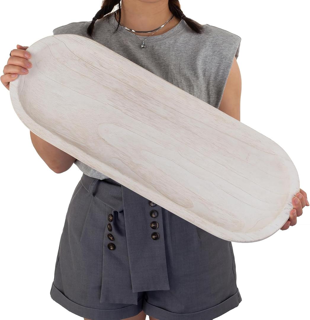 Hanobe Decorative Bowl Large Wooden: 25.5" Extra Long Wood Dough Bowls for Entry Way Table - Farmhouse Coffee Table Decor - Rustic Dining Table Centerpiece Decor, White