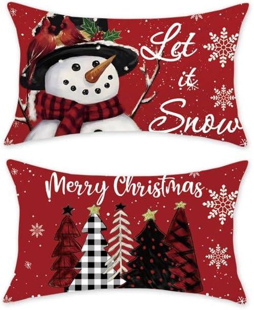 TAJWE Christmas Pillow Covers 12x20 Set of 2 Let it Snow Snowman Christmas Trees Xmas Throw Lumbar Cushion Cases for Couch Sofa Home Decorations (Red)
