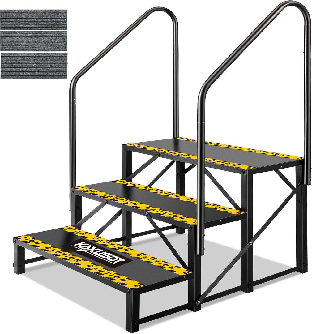 3 Steps Hot Tub RV Steps with Dual Handrail, Portable Mobile Home Stairs Steps with Reinforced Crossbeams on Both Sides, 660lbs, Outdoor RV Camper Entry Steps w/Non-Slip Mats