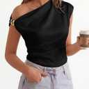 BTFBM Spring Tops for Women Trendy Sleeveless Ruched Going Out Top Solid Tank Blouses Basic T Shirts Fashion Clothing (Black, L)