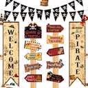 Pirate Themed Birthday Party Decorations Banner Beware of Pirate Porch Door Banner Directional Sign Treasure Hunt Map Party Decorations Sign Skull Pennant for Halloween Pirates Theme Party Supplies