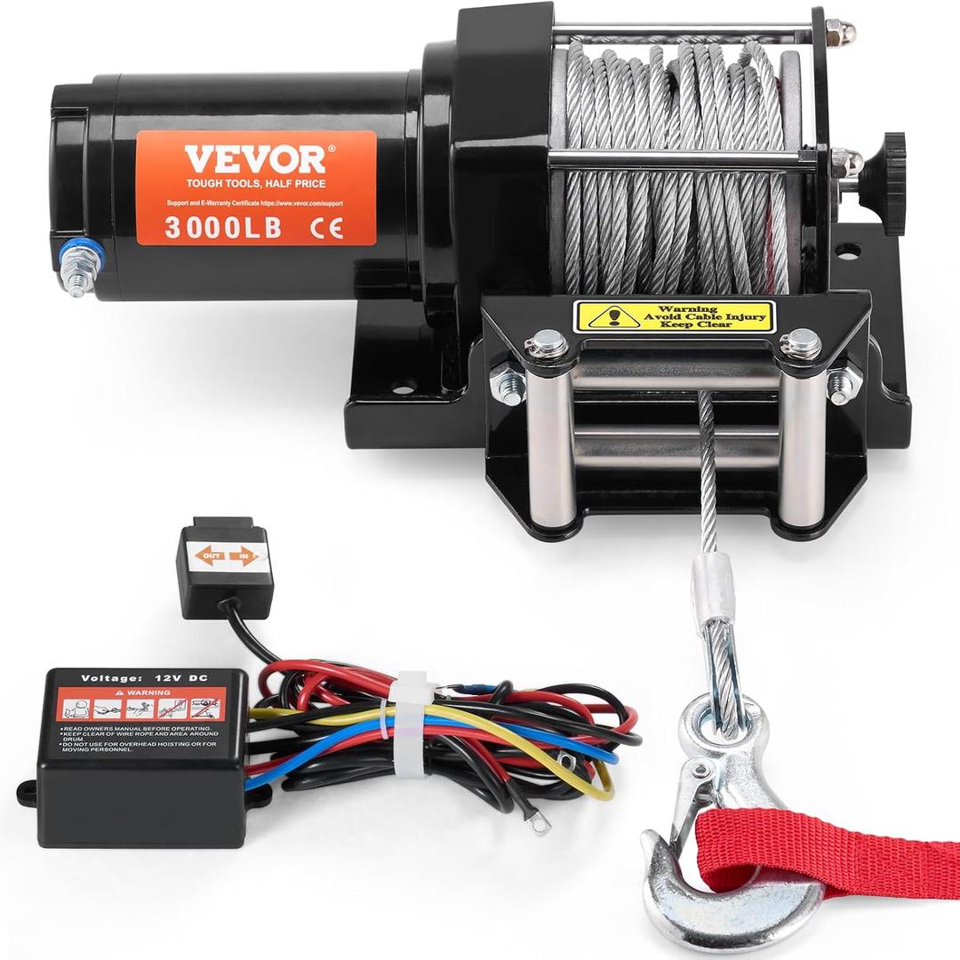 ATV Winch, 3000 lb Electric Winch, 12V Small ATV UTV Winch with Steel Cable Roller Wired Remote Control, Waterproof Towing Winches for Towing UTV ATV Car Vehicle Off-Road