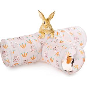 HERCOCCI Rabbit Toys, Bunny Tunnels & Tubes, Collapsible 3 Way Rabbit Hideout Tunnel with Chew Toys for Bunny Guinea Pig Ferret Kitten (White)