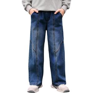 Haloumoning Boys Wide Leg Jeans Kids Casual Straight Baggy Denim Pants with Pockets 5-14 Years (9-10 Years, Dark Blue)