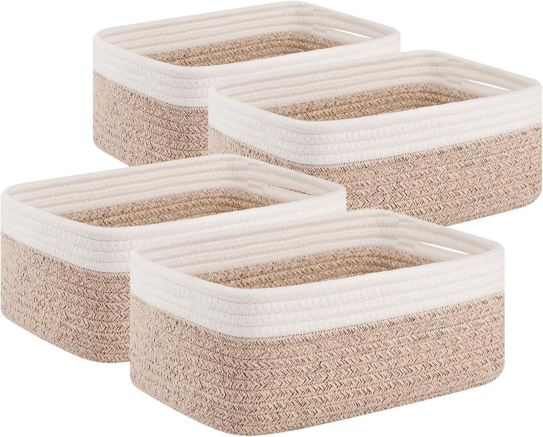 OIAHOMY 4 Pack Storage Baskets for Organizing, Small Bins for Shelves, Cute Decorative Storage Bins, Organizer Baskets for Gifts Empty, 11.8''Lx7.8''Wx4.7''H, Brown/White
