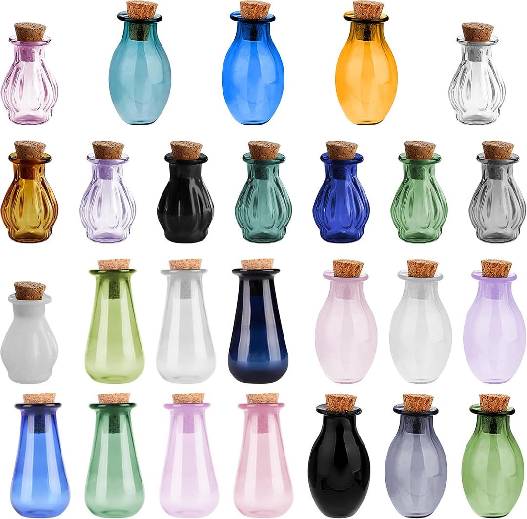 Mini Glass Bottles with Cork Stopper,Colorful Tiny Spell Jars,Empty Vials Tiny Decorative Jars Wishing Drifting Bottle for Minihouse Bottle Decor DIY Crafts (26PCS)