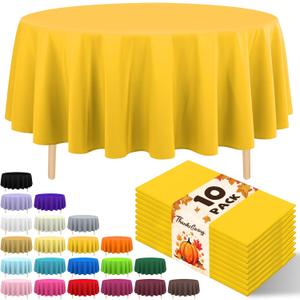 10 Pack Premium Disposable Plastic Tablecloth 84" Round Table Cover for Birthdays Weddings Christmas Anniversary Buffet Table (Yellow)