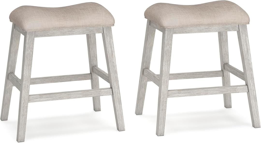 Signature Design by Ashley Skempton Modern 24" Counter Height Upholstered Barstool, 2 Count, Grayish White (Light Brown & White)