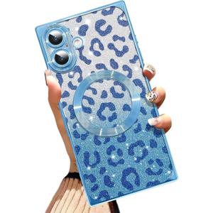 AIGOMARA Phone Case for iPhone 16 [Compatible with MagSafe] Leopard Print Design Glitter Bling Case Shockproof Scratch-Resistant Soft TPU Cover for Women - Blue