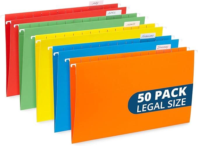 50 Legal Hanging File Folders, 50 Reinforced Hang Folders, Designed for Home and Office Color Coded File Organization, Legal Size, Assorted Colors, 50 Pack