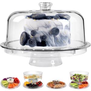Cake Stand with Acrylic Dome Cover, 6-In-1 Multi-Purpose Cake Stand with Lid, 12.2", Acrylic Cake Stand, Veggie Platter, Salad Bowl, Dessert Platter, Punch Bowl, BPA Free
